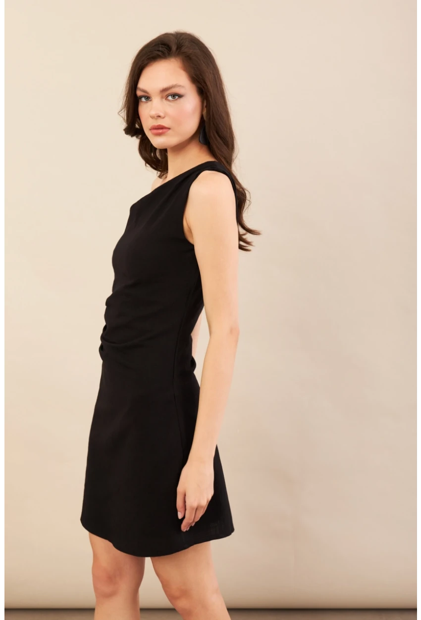 Kadın Siyah Tek Omuz Astarlı Mini Keten Elbise AYD416