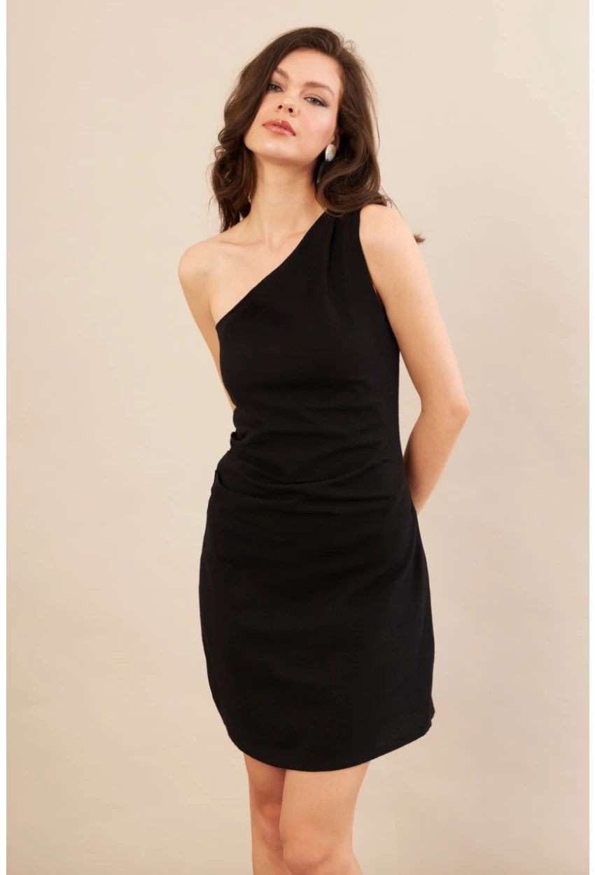Kadın Siyah Tek Omuz Astarlı Mini Keten Elbise AYD416