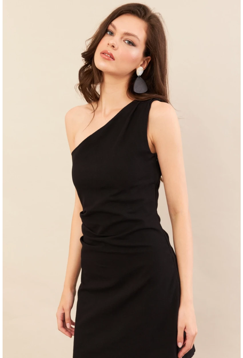 Kadın Siyah Tek Omuz Astarlı Mini Keten Elbise AYD416