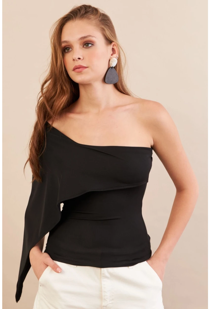 Kadın Siyah Tek Omuz Bluz AN6015