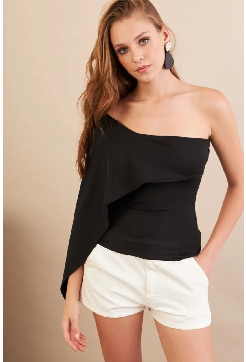 Kadın Siyah Tek Omuz Bluz AN6015