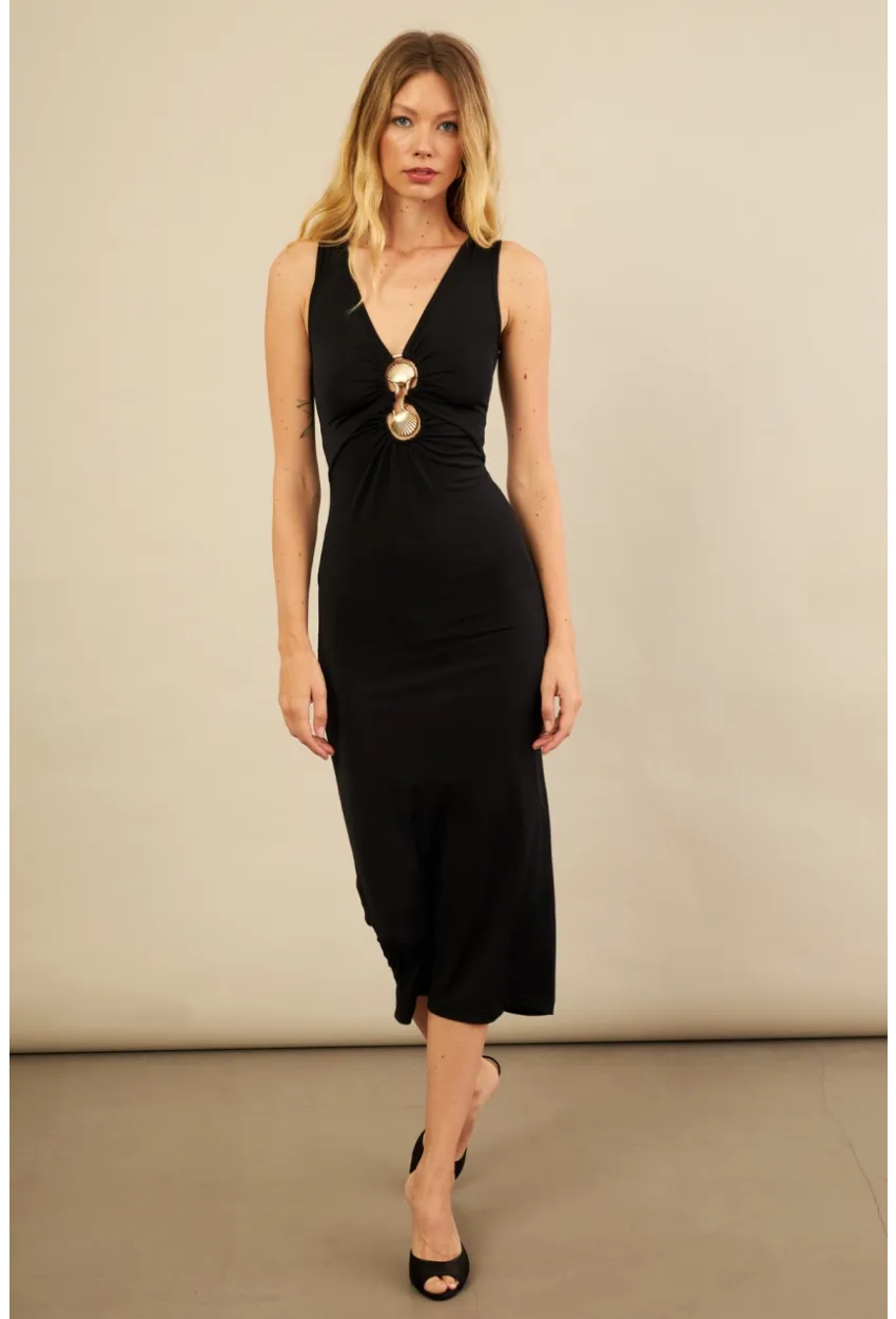 Kadın Siyah Toka Aksesuarlı Pencereli Midi Elbise KED7411