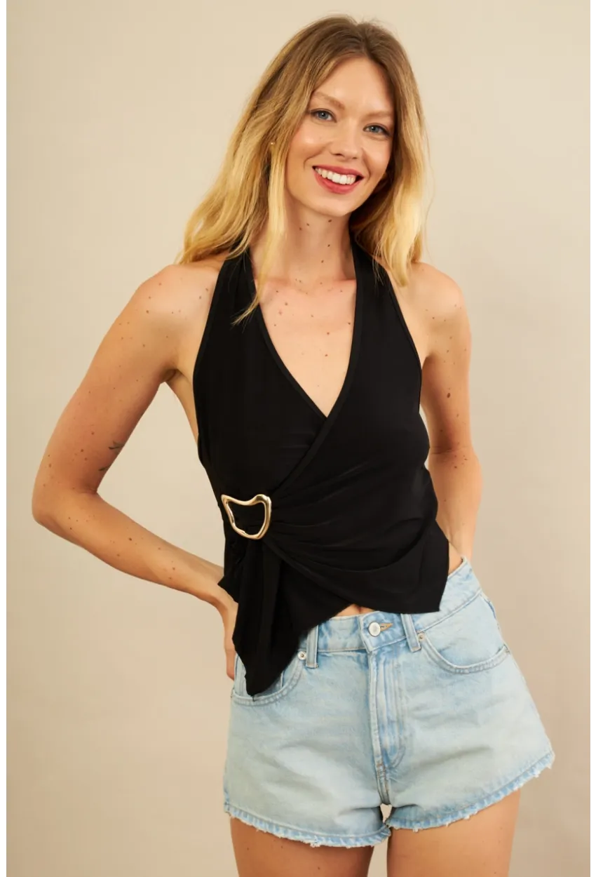 Kadın Siyah Tokalı Asimetrik Crop Bluz AN8134