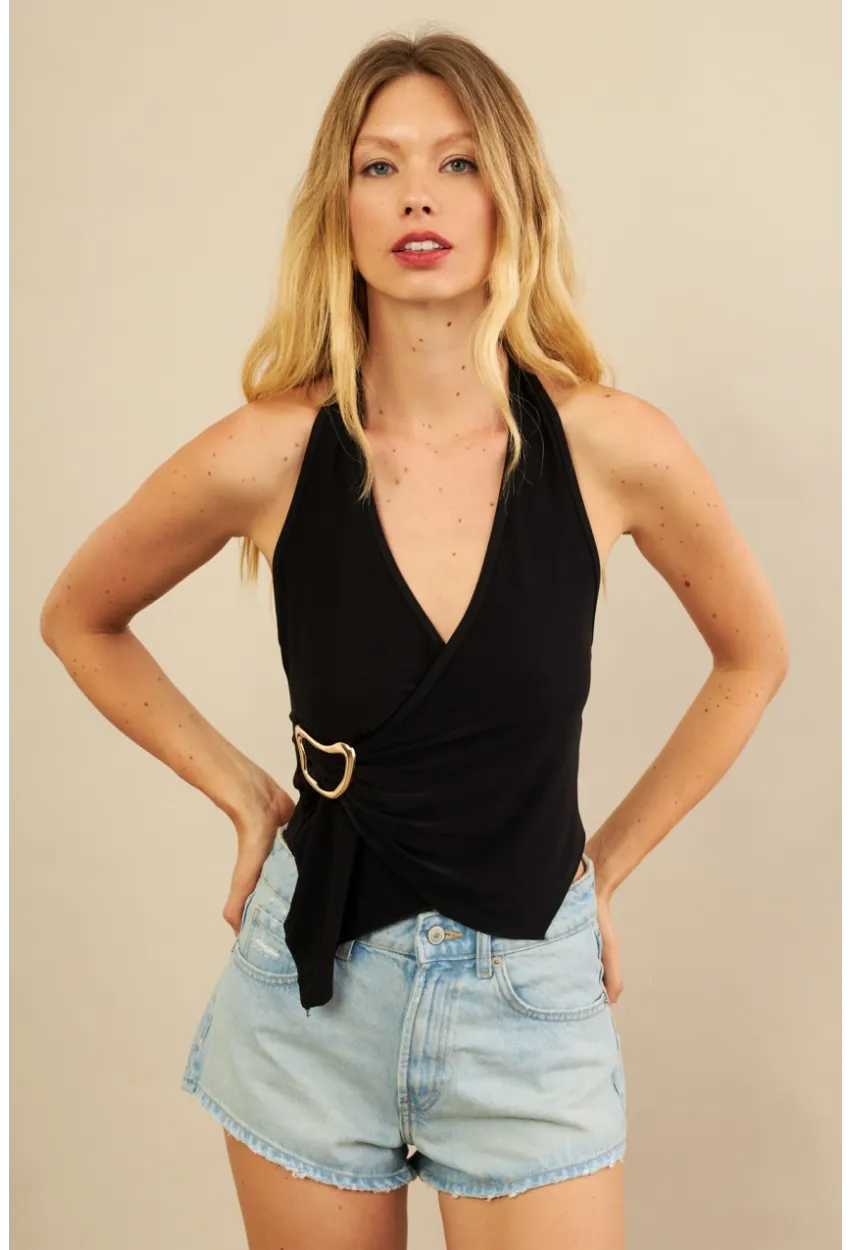 Kadın Siyah Tokalı Asimetrik Crop Bluz AN8134