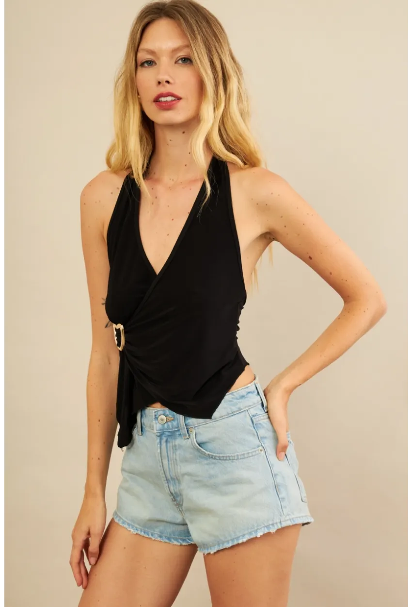 Kadın Siyah Tokalı Asimetrik Crop Bluz AN8134