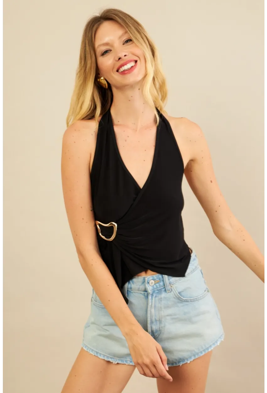 Kadın Siyah Tokalı Asimetrik Crop Bluz AN8134