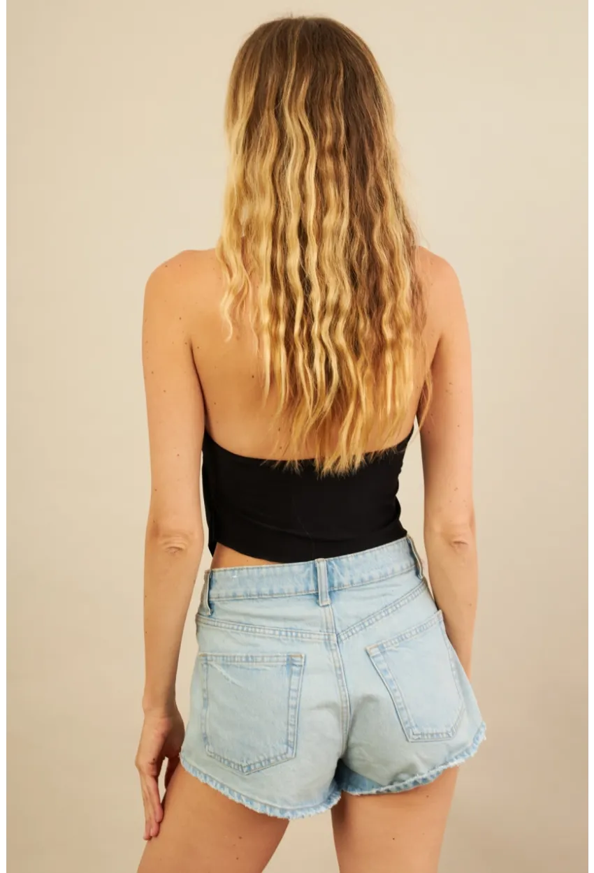 Kadın Siyah Tokalı Asimetrik Crop Bluz AN8134