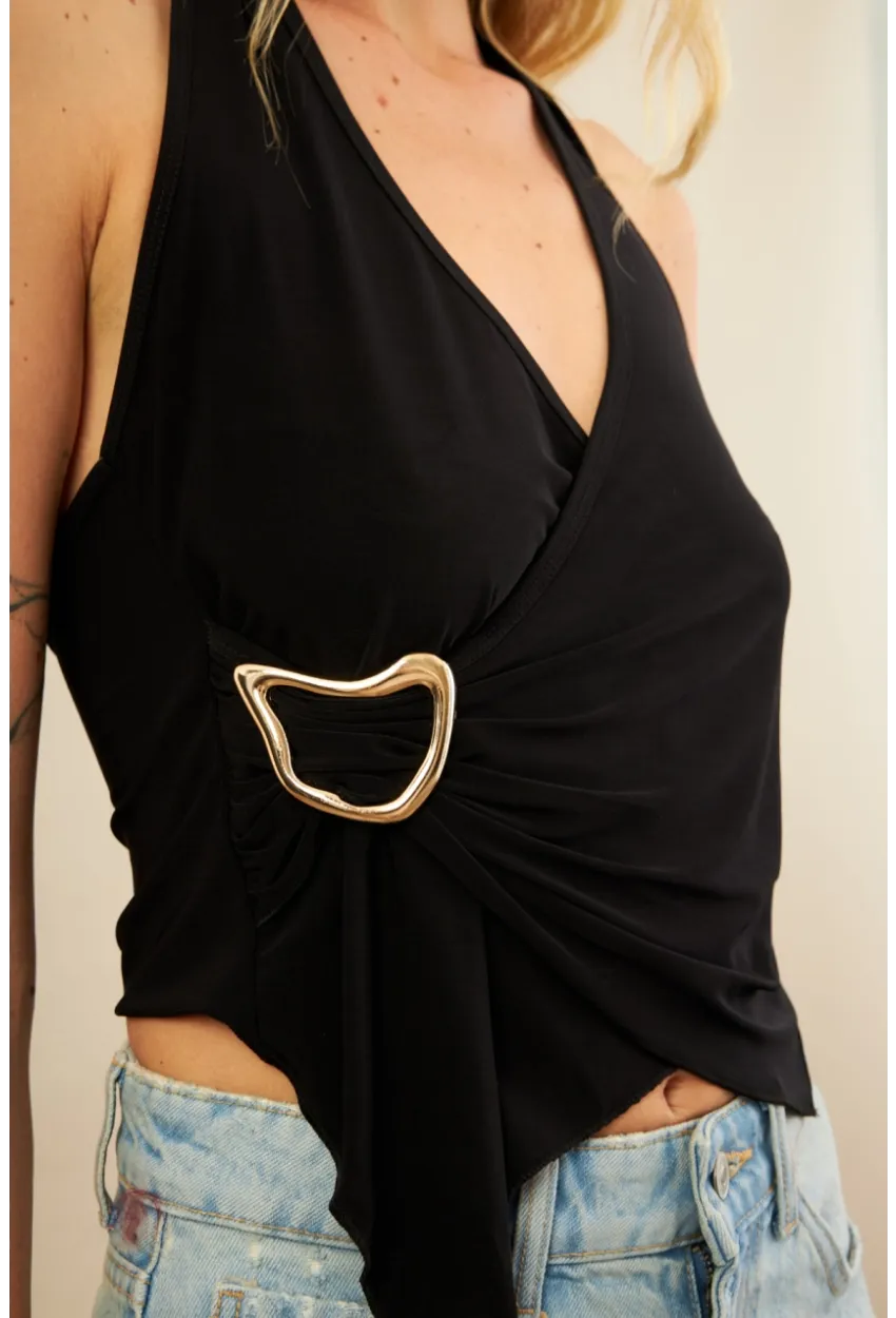 Kadın Siyah Tokalı Asimetrik Crop Bluz AN8134
