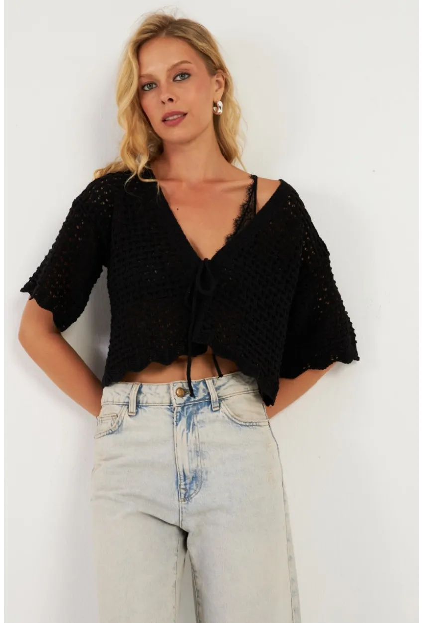 Kadın Siyah Triko Ajurlu Hırka YV255