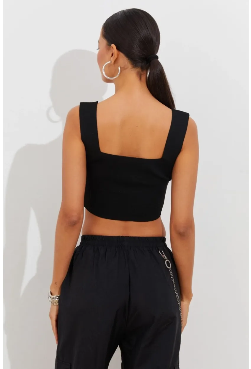 Kadın Siyah Triko Crop Atlet YV118