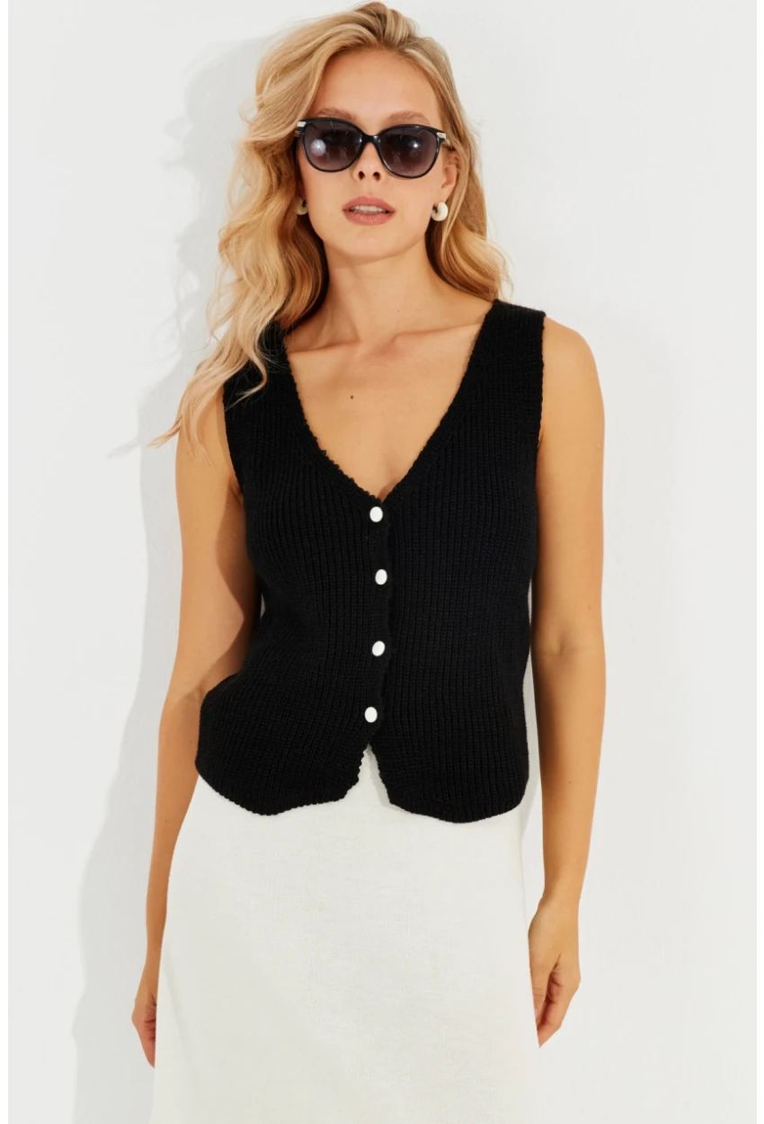 Kadın Siyah Triko Düğmeli Yelek YV205-90