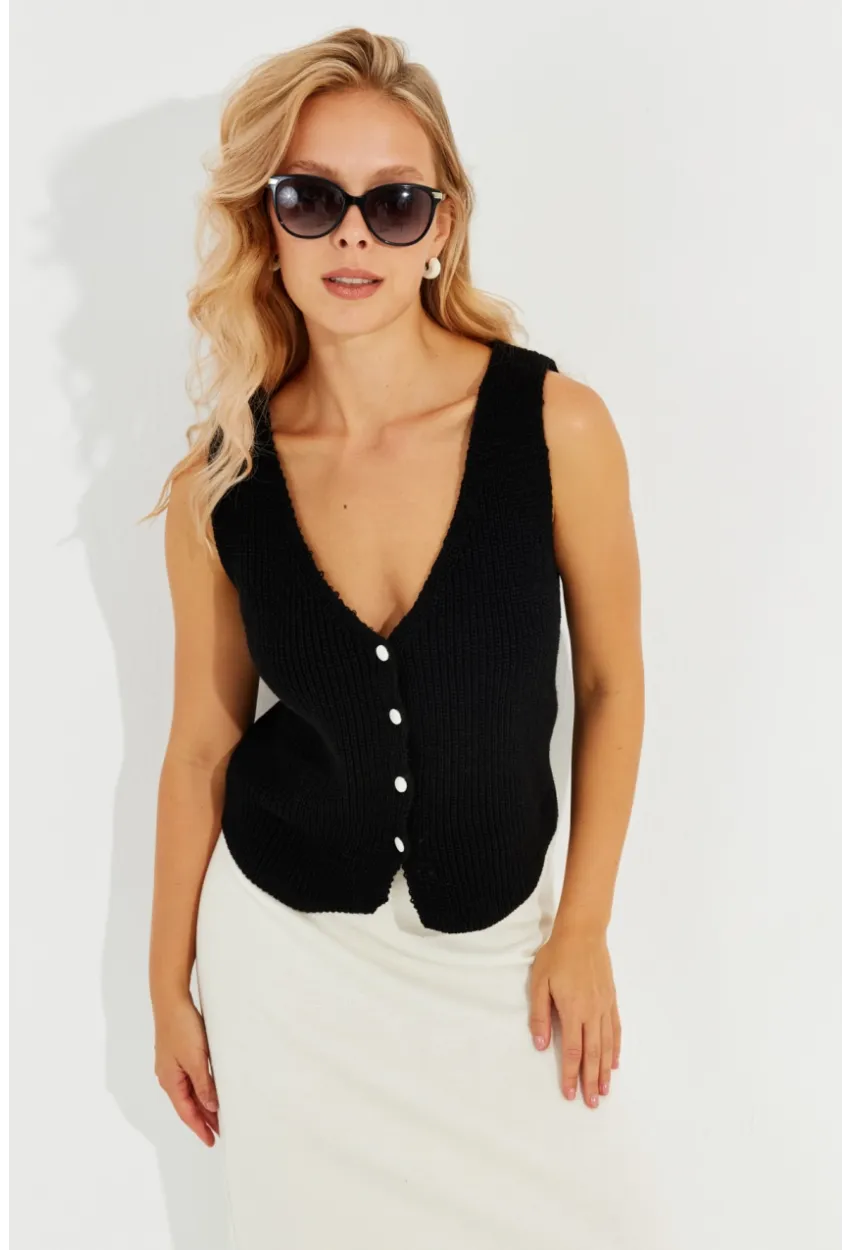 Kadın Siyah Triko Düğmeli Yelek YV205-90