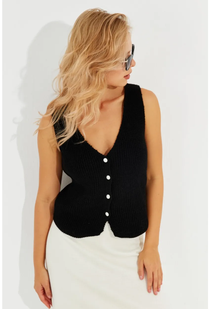 Kadın Siyah Triko Düğmeli Yelek YV205-90