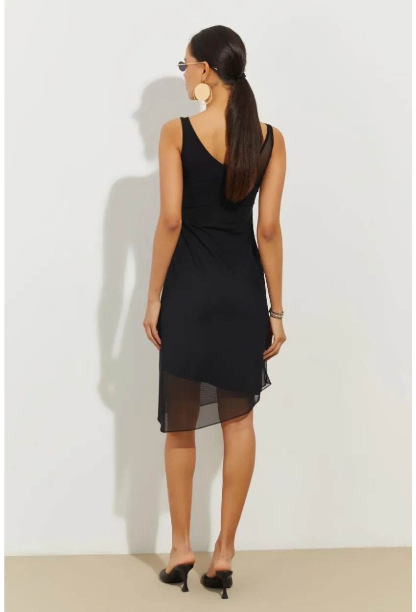 Kadın Siyah Tül Detaylı Asimetrik Mini Elbise B2475
