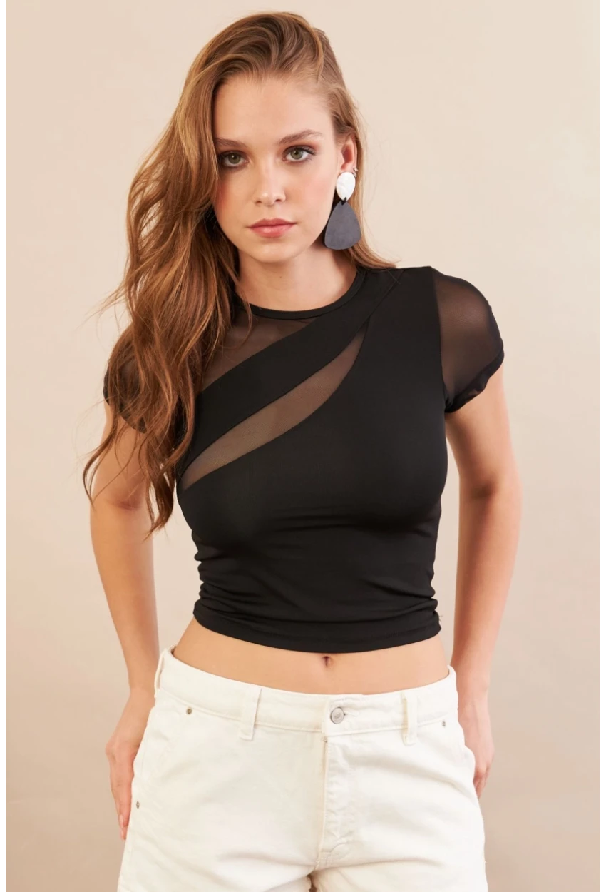 Kadın Siyah Tül Detaylı Bluz AN8087