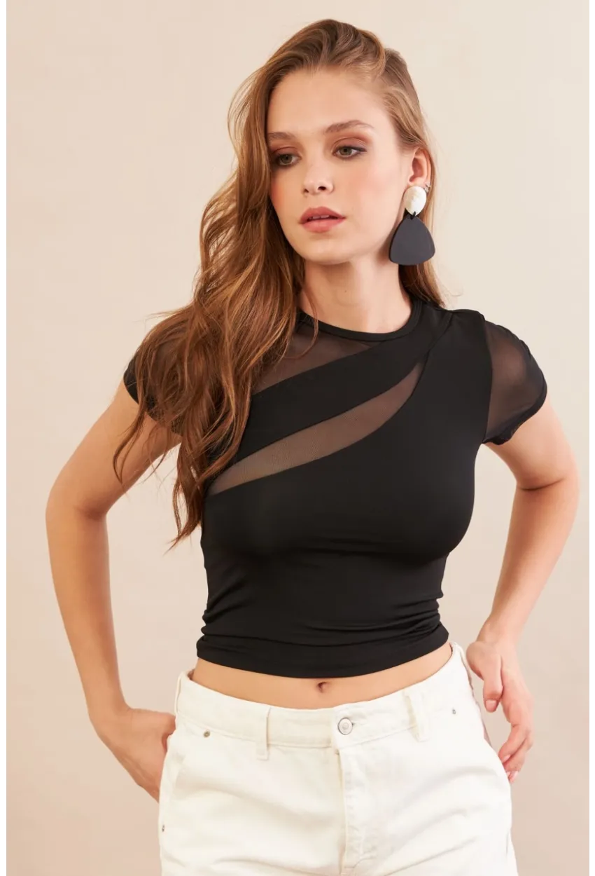Kadın Siyah Tül Detaylı Bluz AN8087