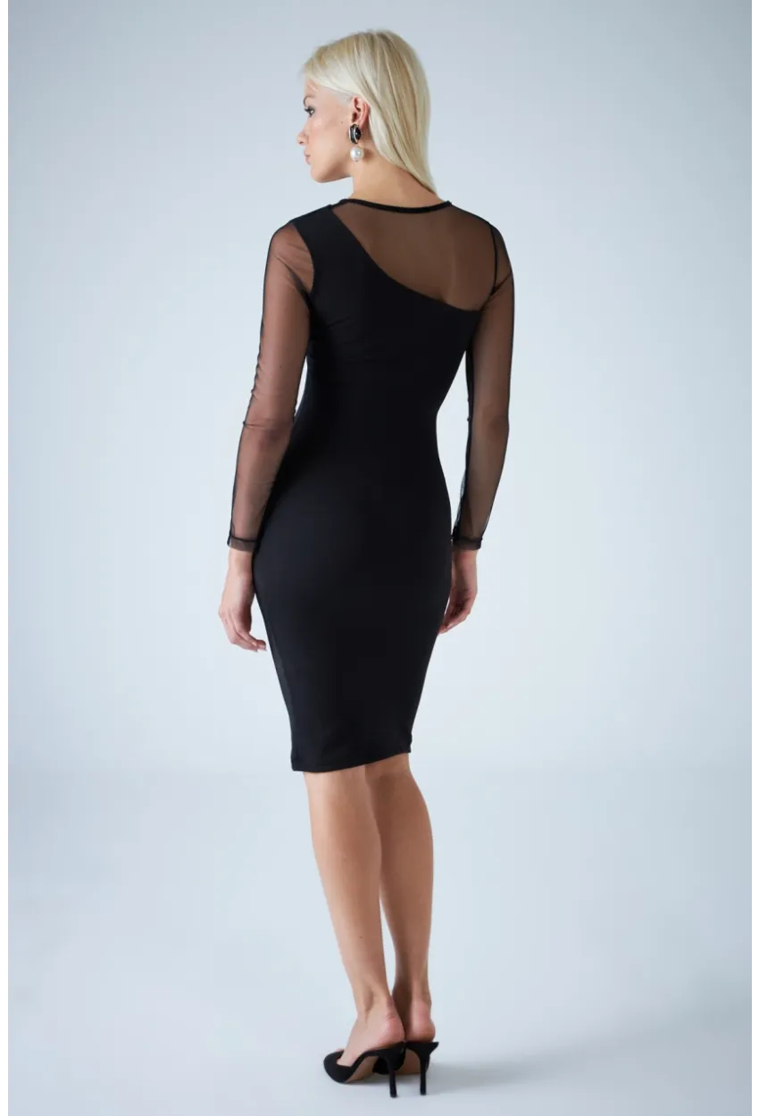 Kadın Siyah Tül Detaylı Midi Elbise ELT3874