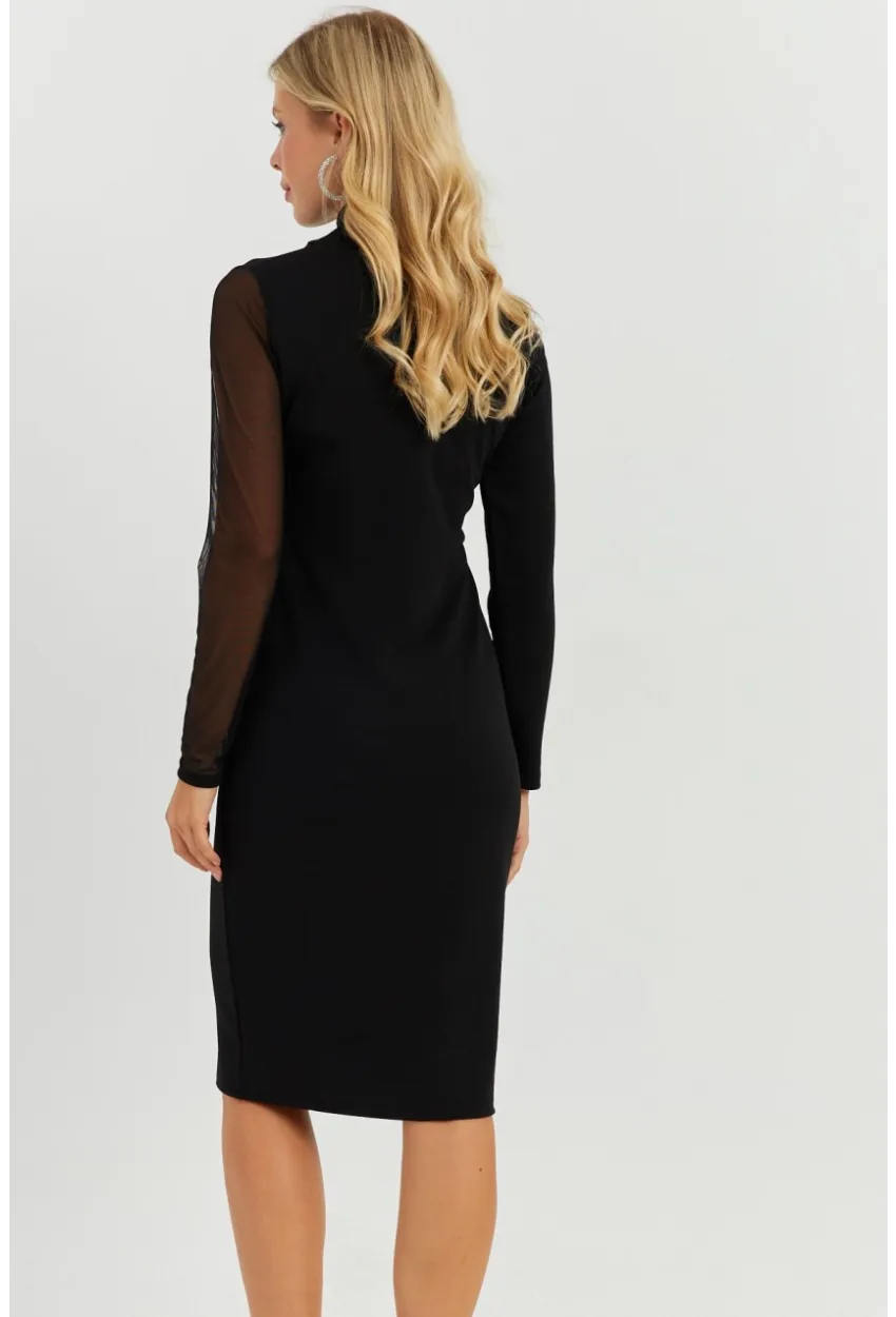 Kadın Siyah Tül Detaylı Midi Elbise ST5022