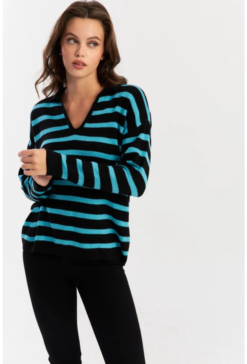 Kadın Siyah-Turkuaz Polo Yaka Çizgili Triko Kazak COL01