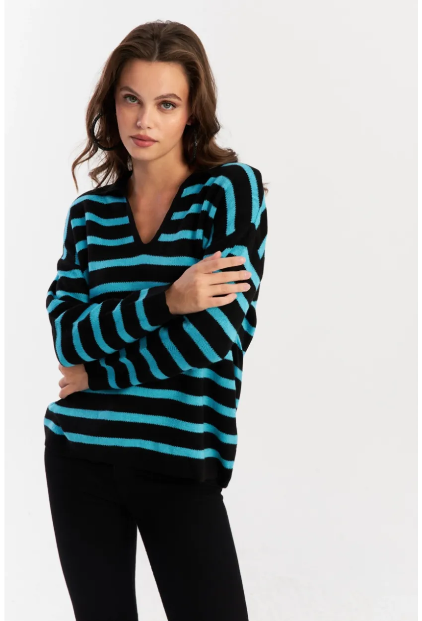 Kadın Siyah-Turkuaz Polo Yaka Çizgili Triko Kazak COL01
