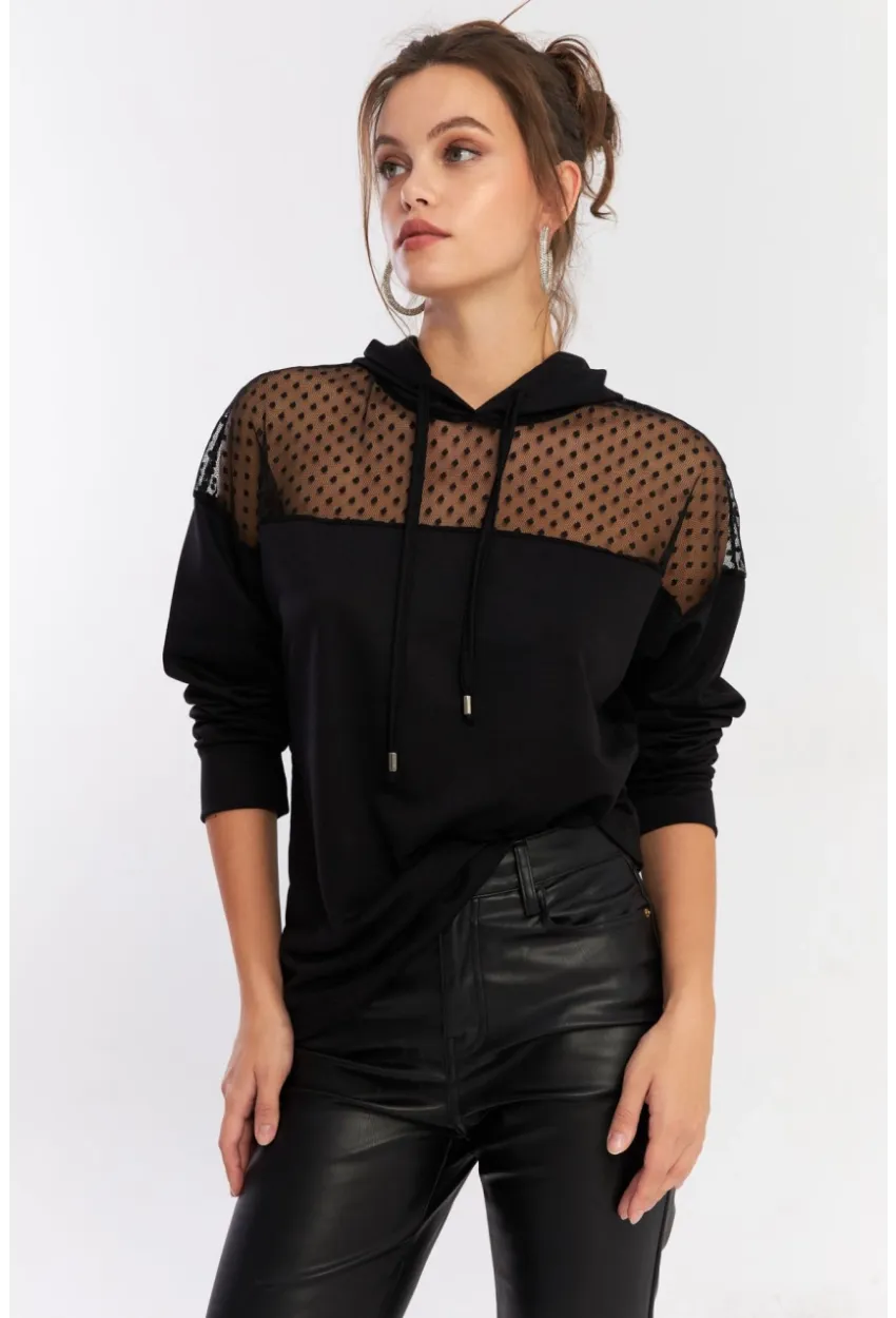 Kadın Siyah Üstü Tül Kapüşonlu Sweatshirt EY2934