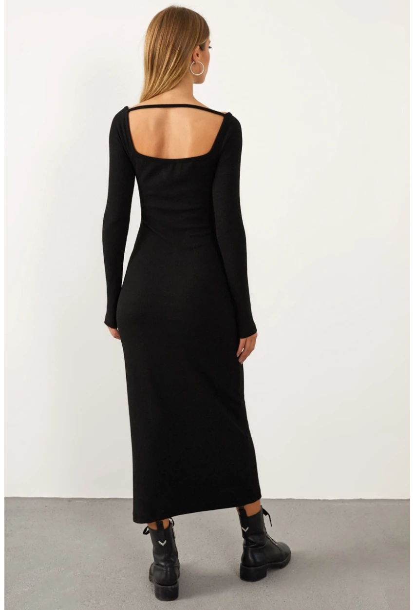 Kadın Siyah V Yaka Maxi Kaşkorse Elbise EY1086