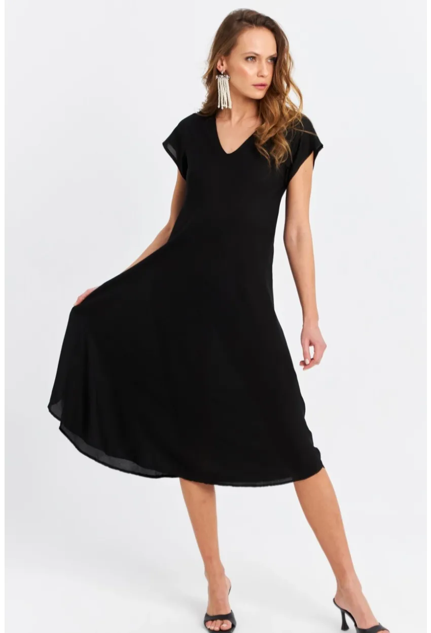 Kadın Siyah V Yaka Midi Elbise PC22649