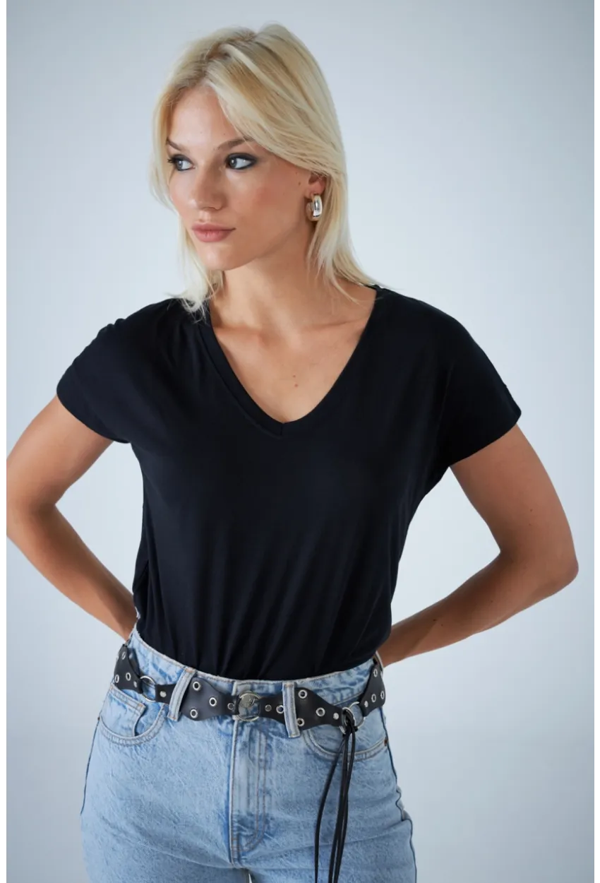 Kadın Siyah V Yaka T-Shirt LPP1311