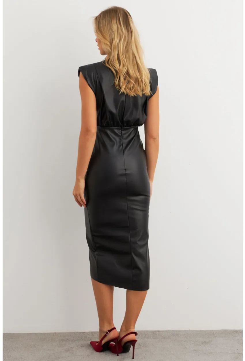 Kadın Siyah Vatkalı Drape Suni Deri Midi Elbise KSD1195