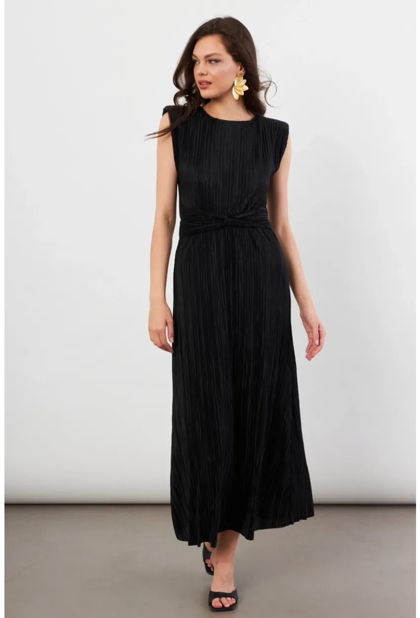 Kadın Siyah Vatkalı Pileli Astarlı Midi Elbise DMR436