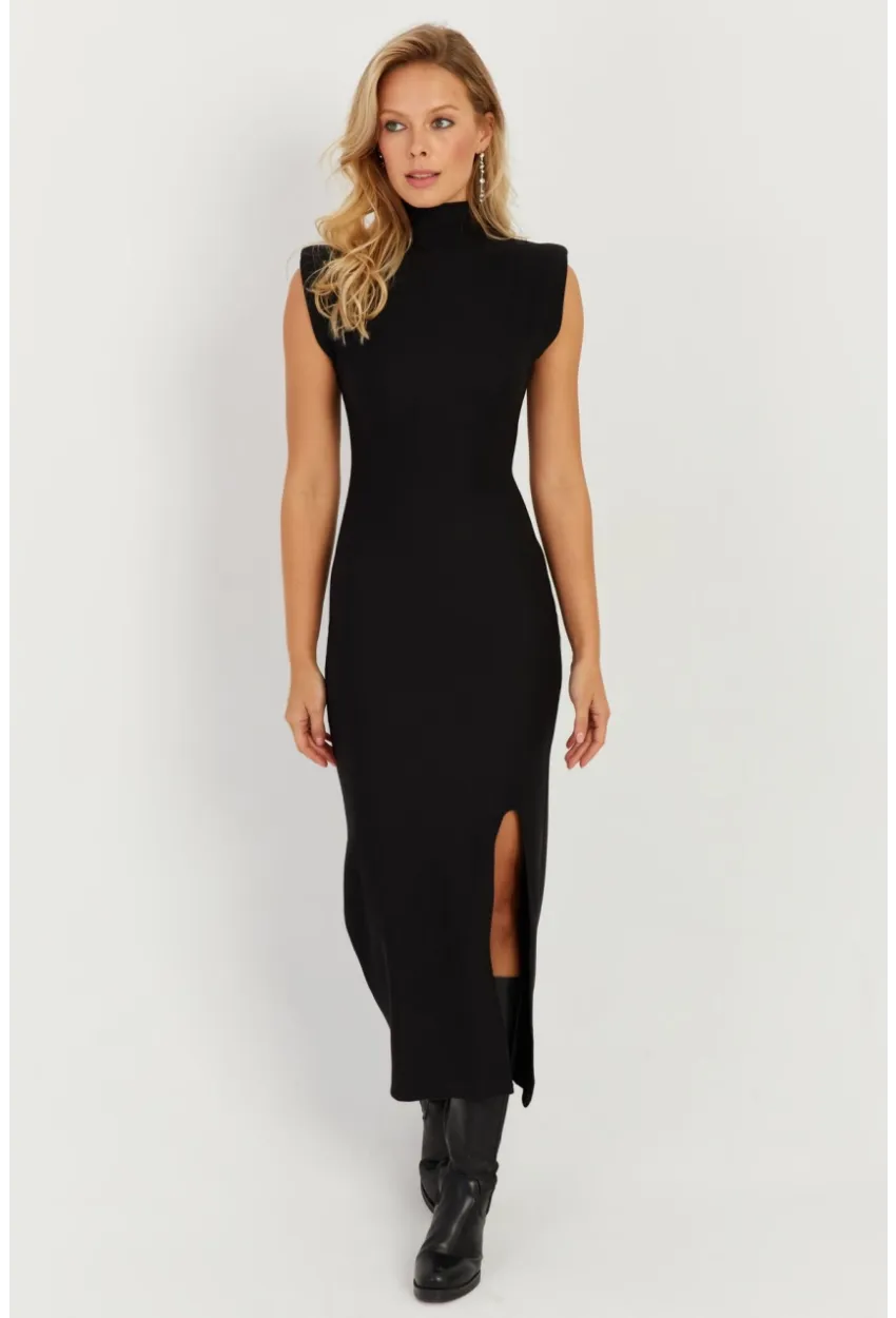 Kadın Siyah Vatkalı Yırtmaçlı Midi Elbise MON120