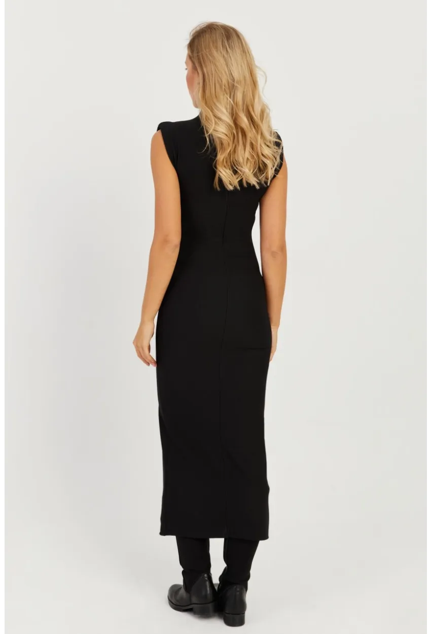 Kadın Siyah Vatkalı Yırtmaçlı Midi Elbise MON120