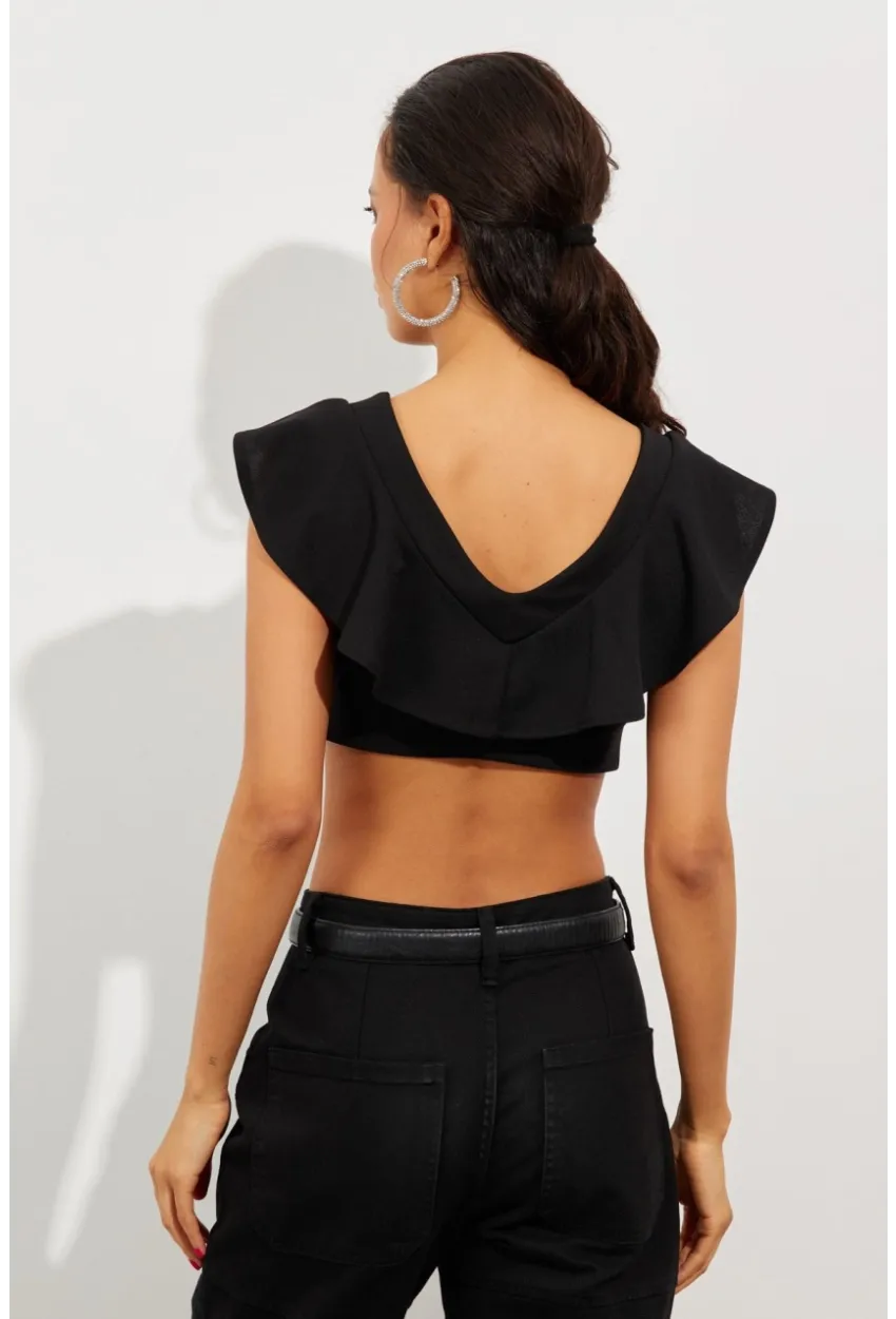 Kadın Siyah Volanlı Crop Bluz B2589