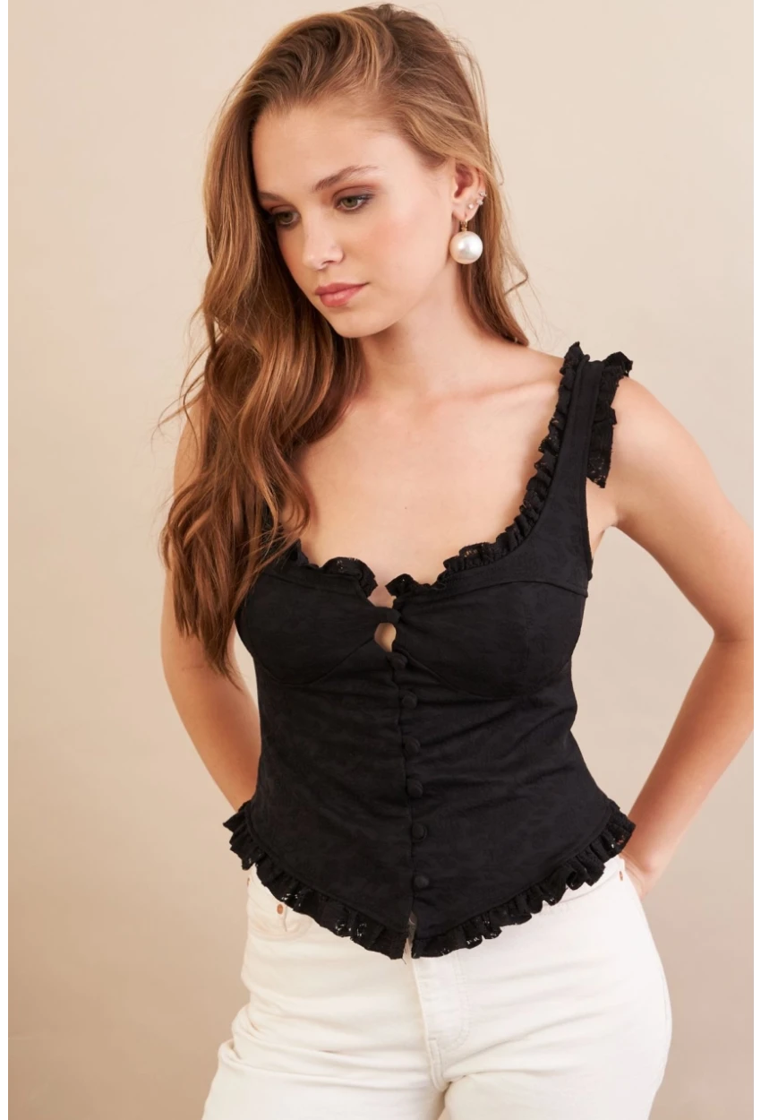 Kadın Siyah Volanlı Düğmeli Bluz KED7324