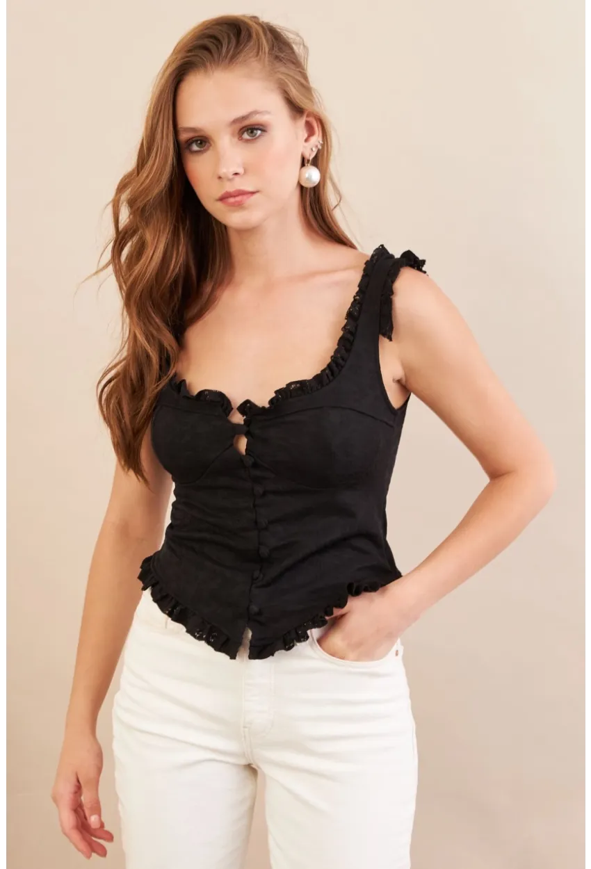 Kadın Siyah Volanlı Düğmeli Bluz KED7324
