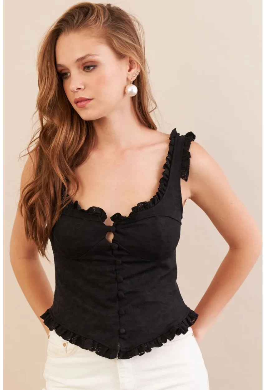 Kadın Siyah Volanlı Düğmeli Bluz KED7324