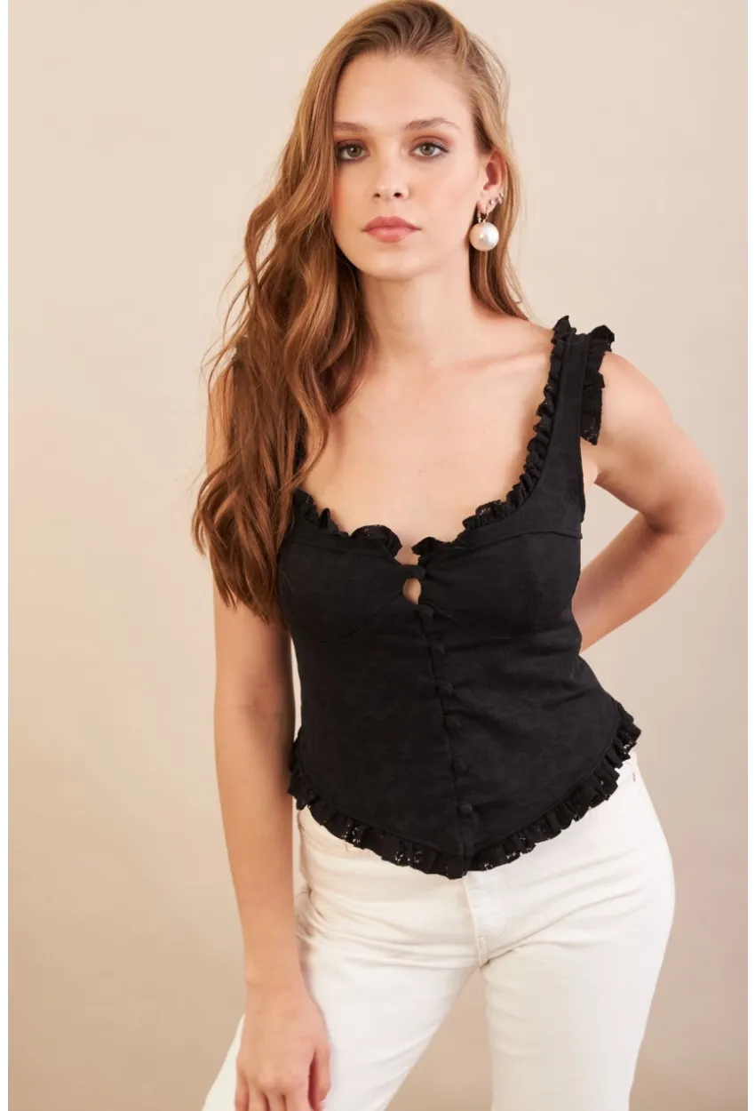 Kadın Siyah Volanlı Düğmeli Bluz KED7324