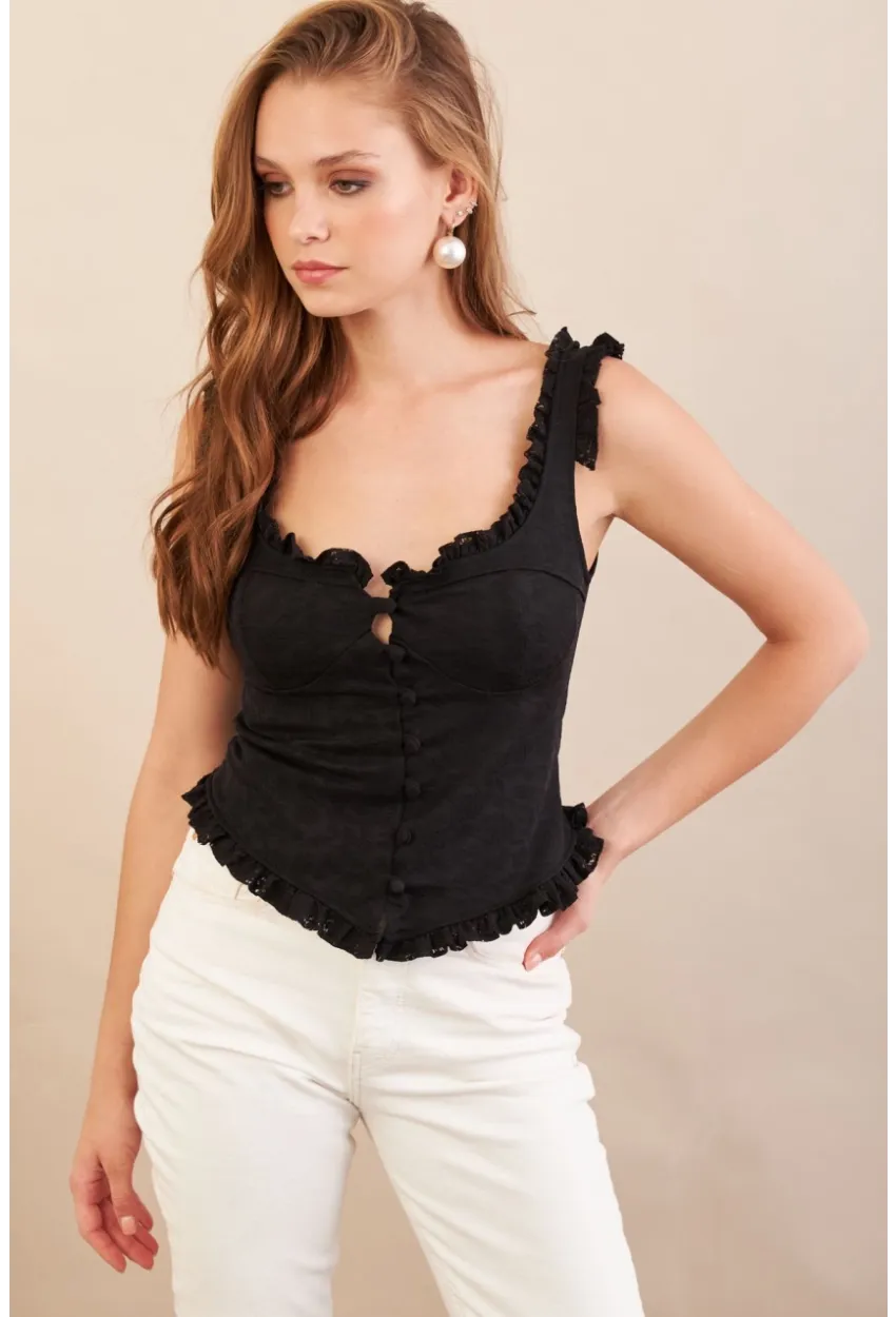 Kadın Siyah Volanlı Düğmeli Bluz KED7324