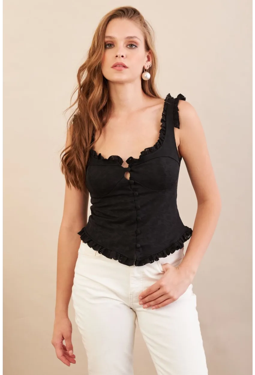 Kadın Siyah Volanlı Düğmeli Bluz KED7324