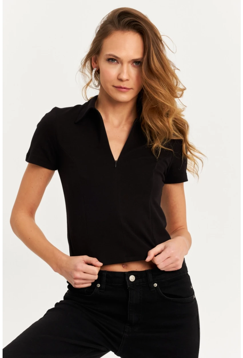 Kadın Siyah Yaka Fermuarlı Bluz RLO95