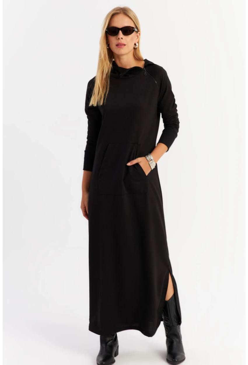 Kadın Siyah Yakası Fermuarlı Maxi Sweat Elbise MTF12