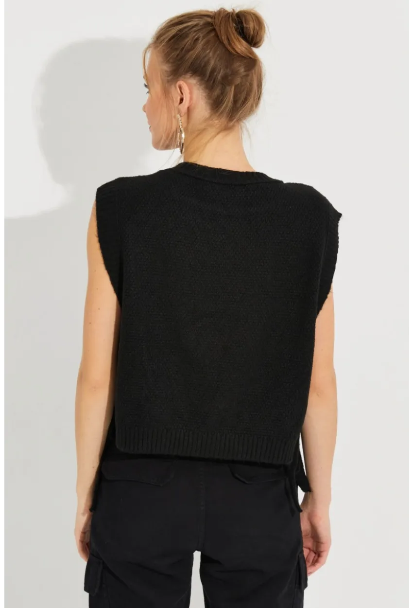Kadın Siyah Yanları Bağlamalı Süveter YV210