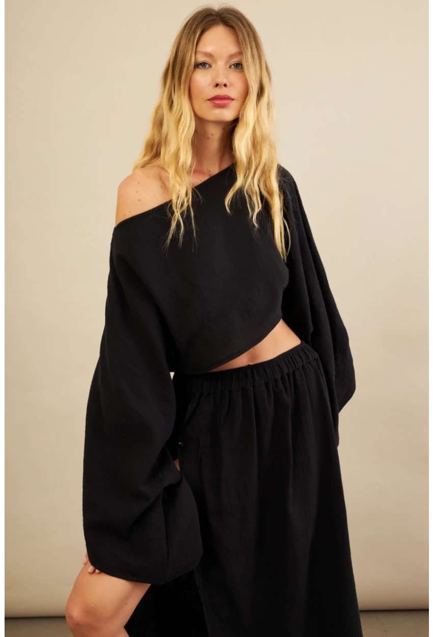 Kadın Siyah Yarasa Kol Crop Müslin Etek Takım BTY104