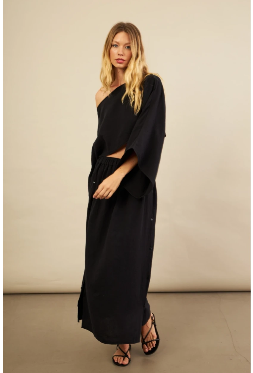 Kadın Siyah Yarasa Kol Crop Müslin Etek Takım BTY104