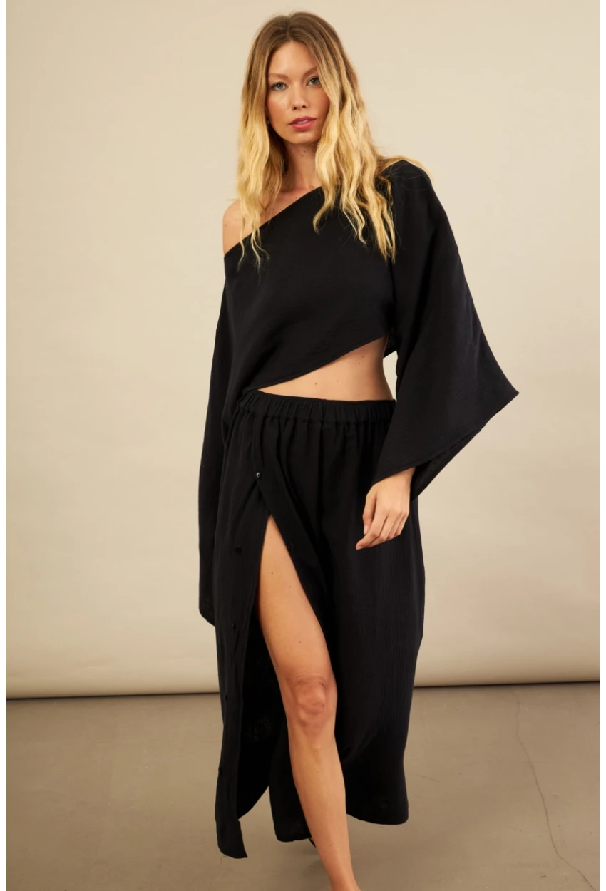 Kadın Siyah Yarasa Kol Crop Müslin Etek Takım BTY104