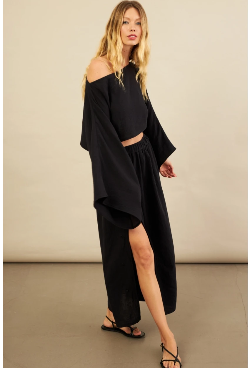 Kadın Siyah Yarasa Kol Crop Müslin Etek Takım BTY104