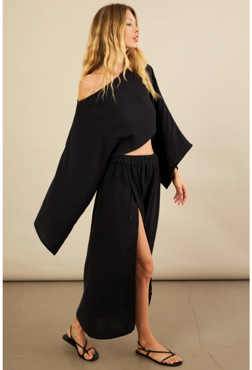 Kadın Siyah Yarasa Kol Crop Müslin Etek Takım BTY104