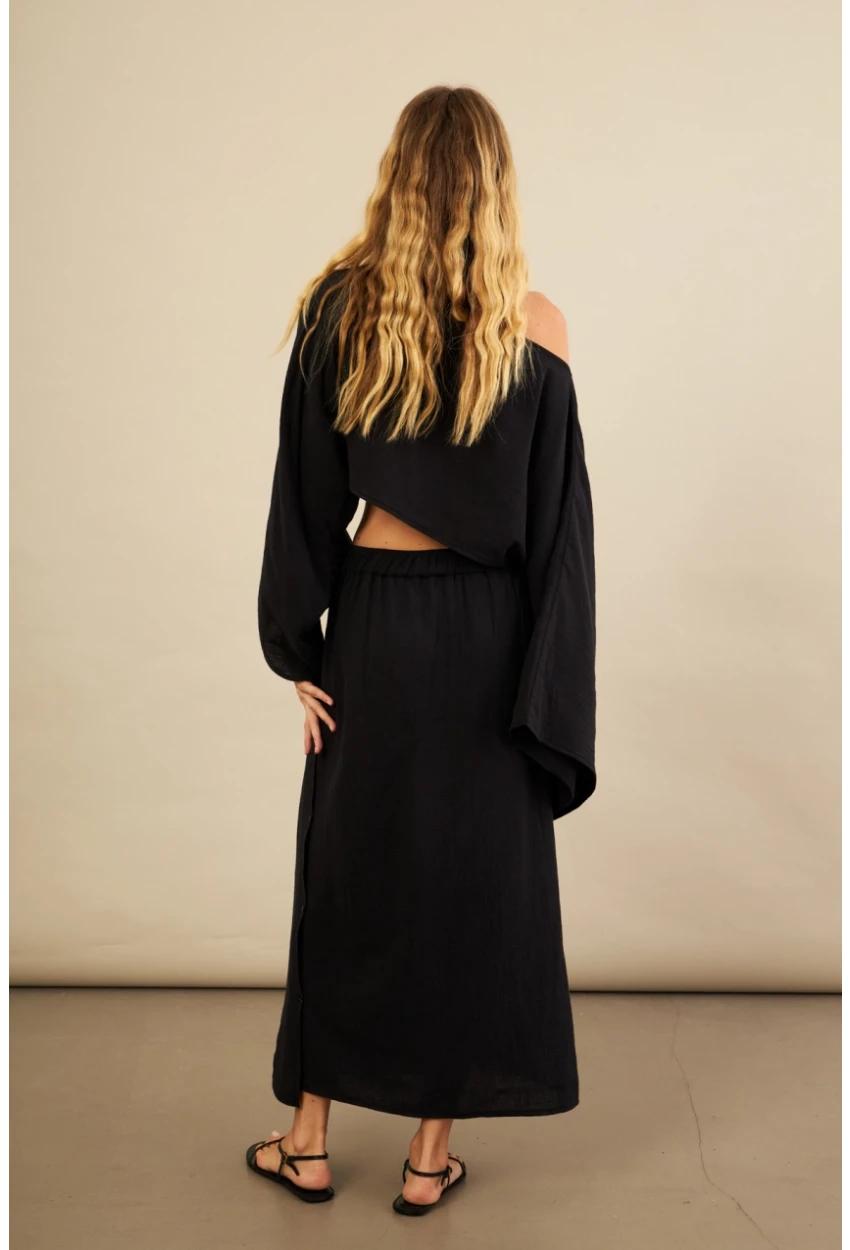 Kadın Siyah Yarasa Kol Crop Müslin Etek Takım BTY104