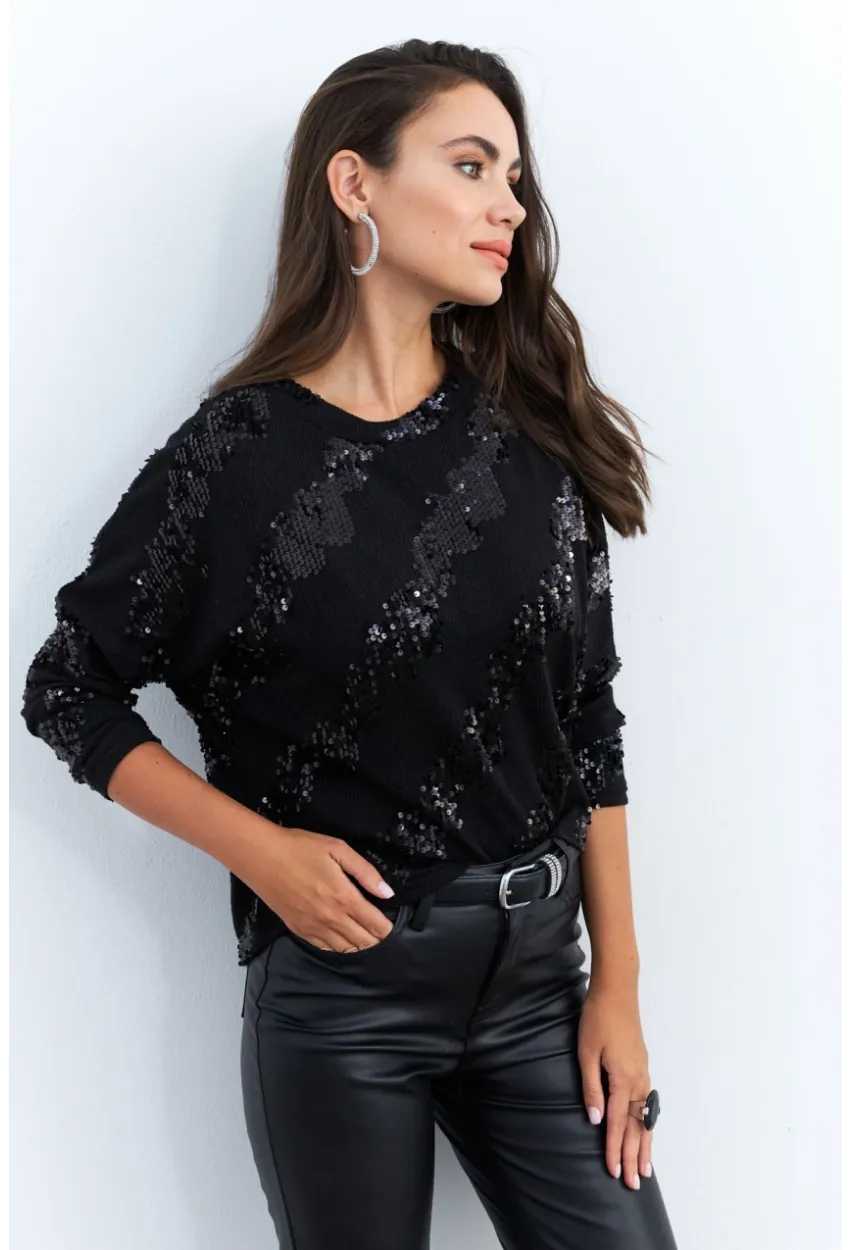 Kadın Siyah Yarasa Kol Payetli Triko Bluz PP6435
