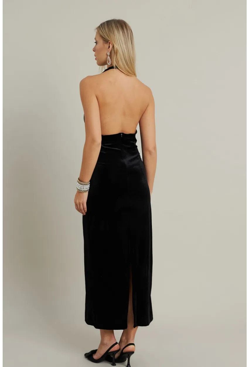 Kadın Siyah Yılbaşı Degaje Yaka Uzun Elbise GÇ197